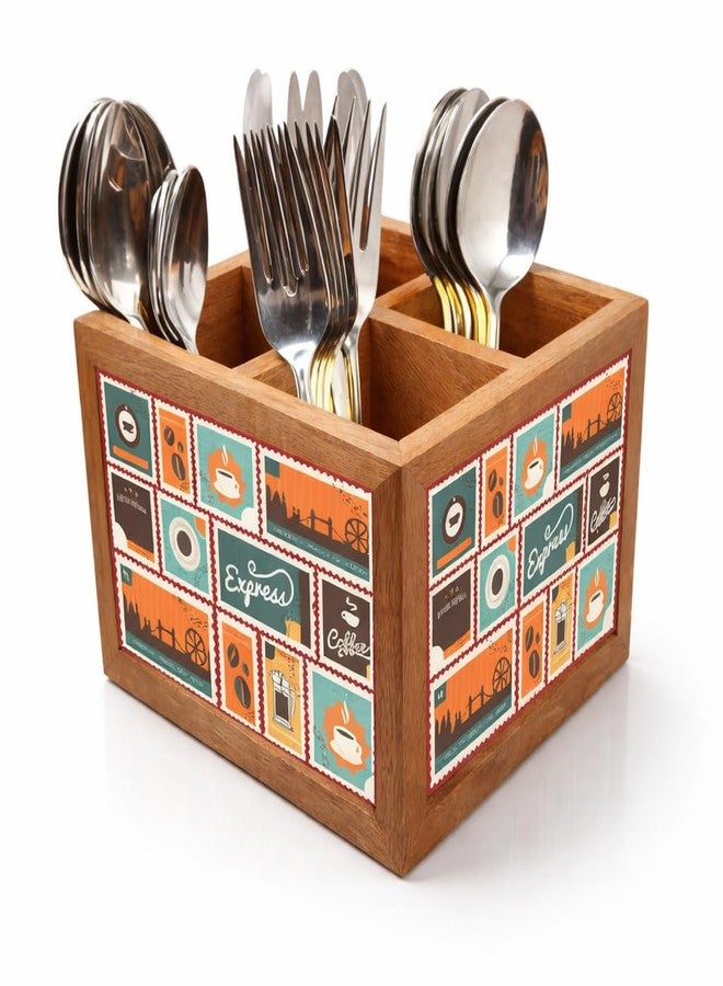 Nutcase Wooden Cutlery Stand Holder Silverware Caddy Spoons Forks Knives Organizer for Dining Table & Kitchen -Made in India-Spoons NOT Included - Express coffee - Image 1